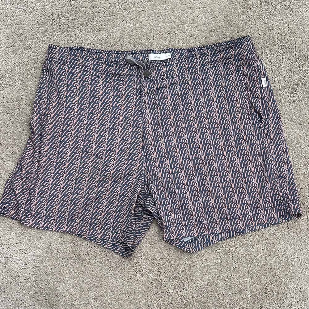 Onia Navy and Pink Optic Wave Pattern Calder Shorts